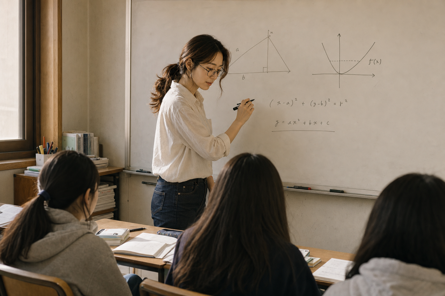 작은 입시학원 교실에서 백미나가 칠판의 수학 문제를 설명하는 재구성 장면
