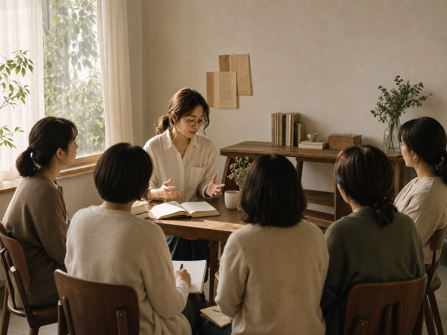 따뜻한 서재에서 부모와 아이가 한 권의 책을 함께 읽는 모습